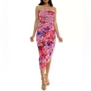 Emerald Sundae Juniors' Strapless Ruched Mesh Bodycon Midi Dress Fuchsia Sz L